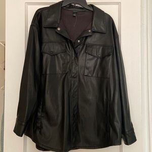 Button-front faux leather shirt jacket